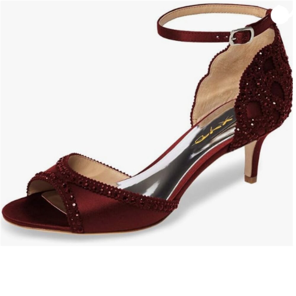 XYD Wine Chic Peep Toe D'Orsay Kitten  Heel Rhinestone Studs Ankle Strap Sandals